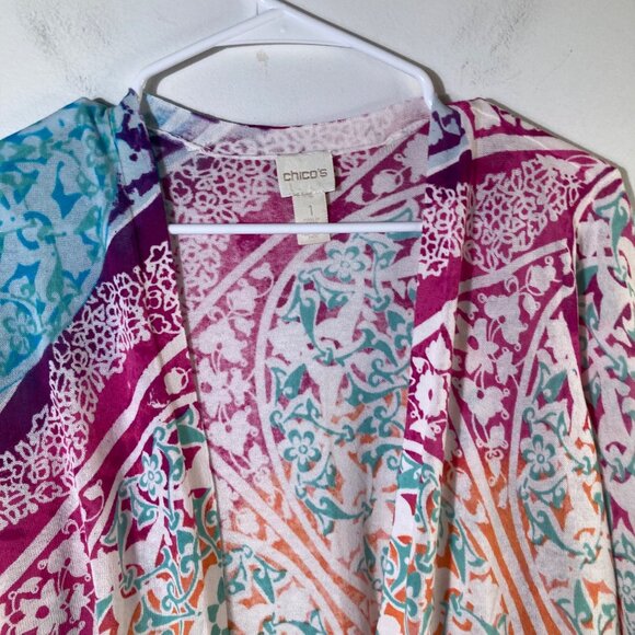 Womens Chicos Lightweight Open Cardigan Ruched Sleeves Medallion Floral M - Picture 3 of 10